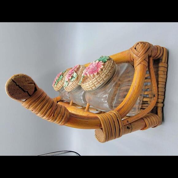 Vintage Retro Set of 3 Tea, Coffee, and Sugar Canisters w/ wicker basket holder - Picture 6 of 8